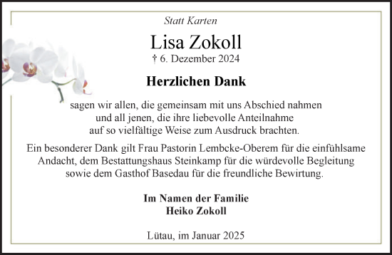 Traueranzeige von Lisa Zokoll von Wochenend Anzeiger