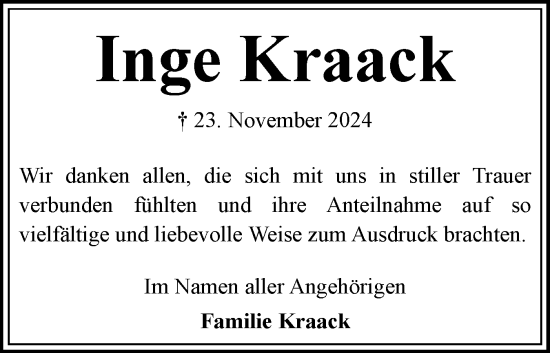 Traueranzeige von Inge Kraack von Flensburger Tageblatt