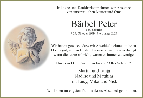 Traueranzeige von Bärbel Peter von Uetersener Nachrichten, Der tip am Wochenende