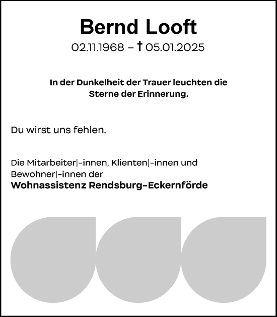 Traueranzeige von Bernd Looft von Schleswig-Holsteinische Landeszeitung