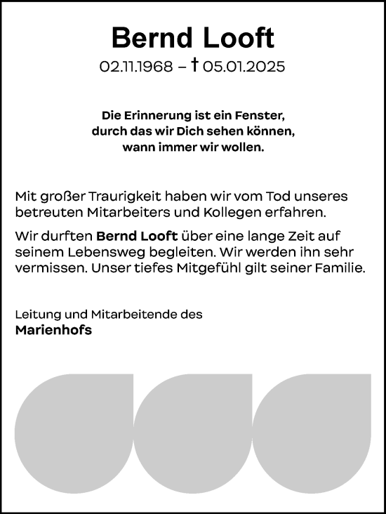 Traueranzeige von Bernd Looft von Schleswig-Holsteinische Landeszeitung