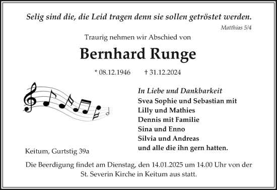 Traueranzeige von Bernhard Runge von Sylter Rundschau