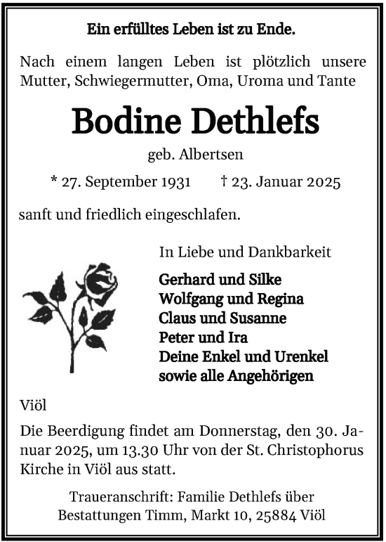 Traueranzeige von Bodine Dethlefs von Husumer Nachrichten, Nordfriesland Tageblatt