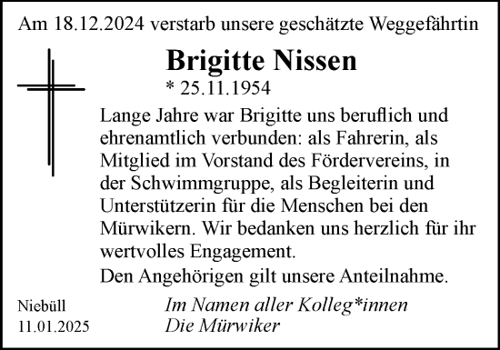 Traueranzeige von Brigitte Nissen von Husumer Nachrichten, Nordfriesland Tageblatt