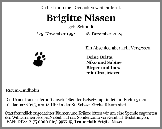 Traueranzeige von Brigitte Nissen von Husumer Nachrichten, Nordfriesland Tageblatt