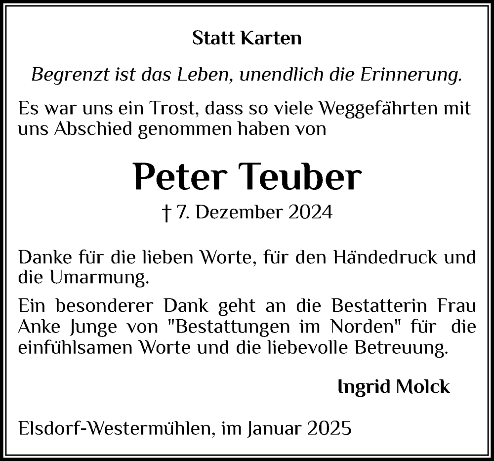  Traueranzeige für Peter Teuber vom 04.01.2025 aus Schleswig-Holsteinische Landeszeitung