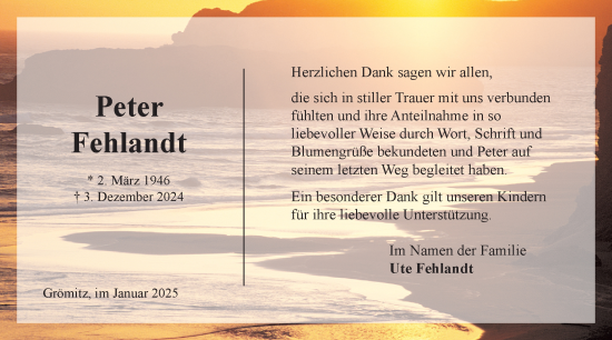 Traueranzeige von Peter Fehlandt von Wochenend Anzeiger