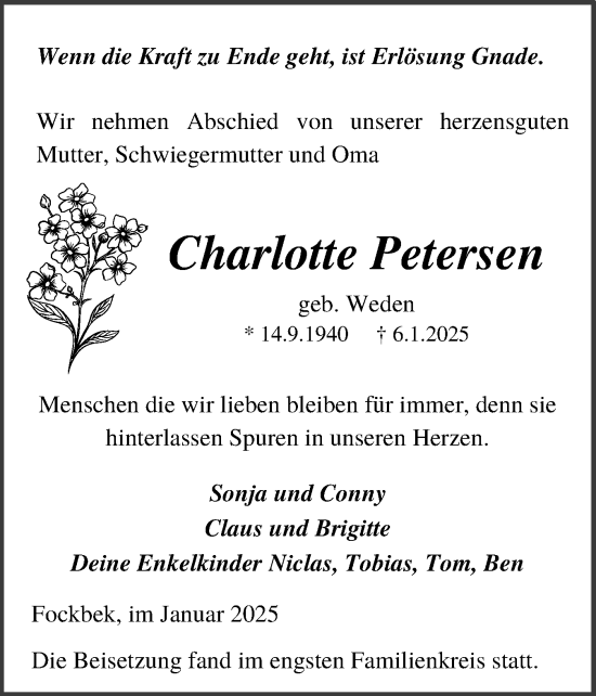 Traueranzeige von Charlotte Petersen von Schleswig-Holsteinische Landeszeitung