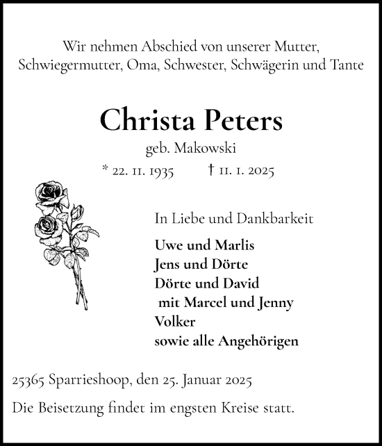 Traueranzeige von Christa Peters von Elmshorner Nachrichten, Barmstedter Zeitung