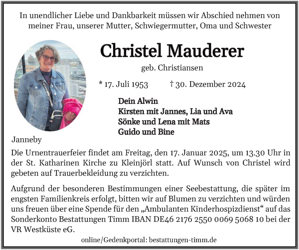  Traueranzeige für Christel Mauderer vom 04.01.2025 aus Region Flensburg