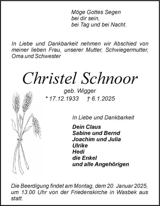 Traueranzeige von Christel Schnoor von Holsteinischer Courier