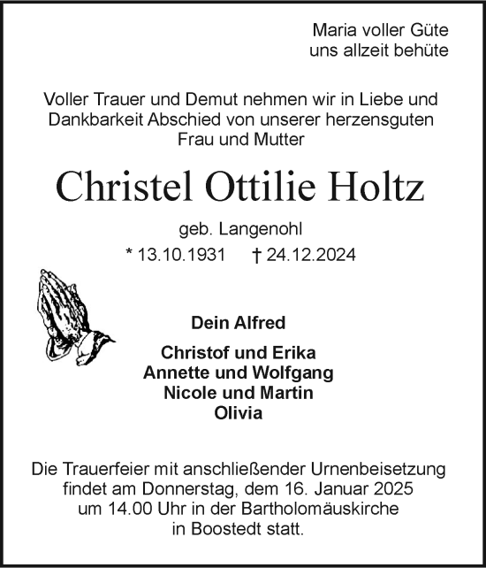 Traueranzeige von Christel Ottilie Holtz von Holsteinischer Courier