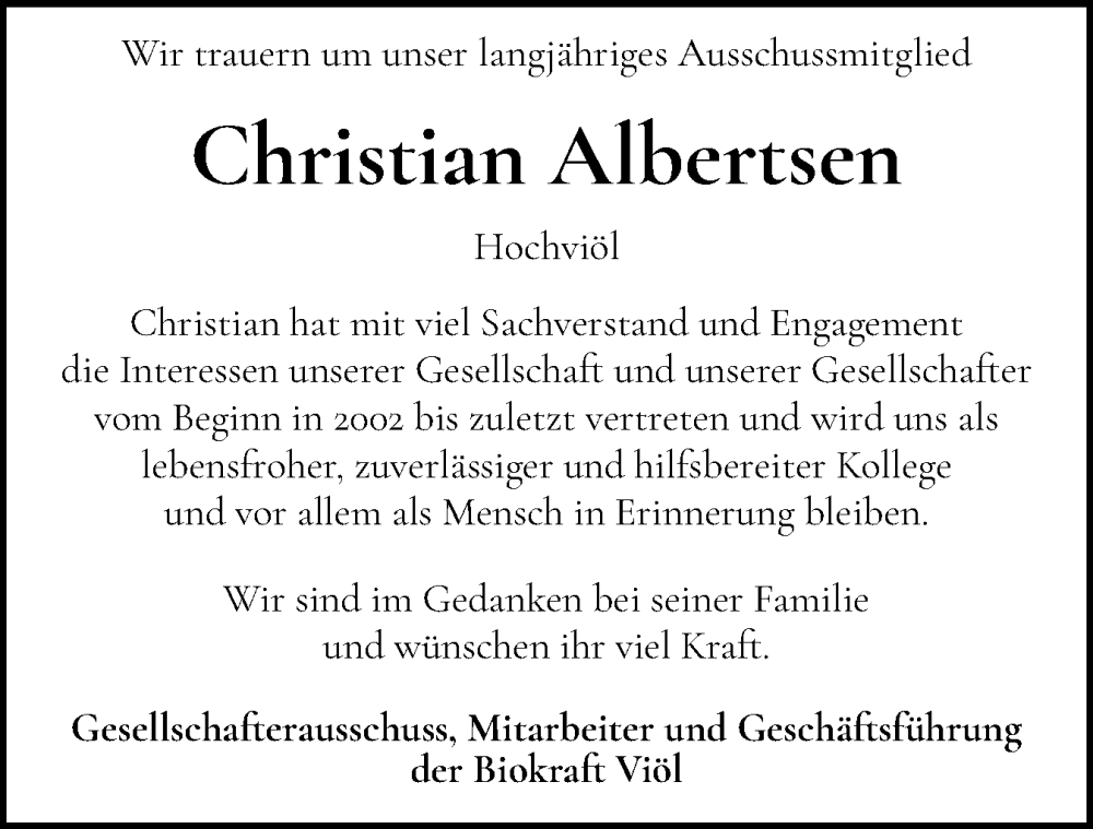  Traueranzeige für Christian Albertsen vom 08.01.2025 aus Husumer Nachrichten, Nordfriesland Tageblatt