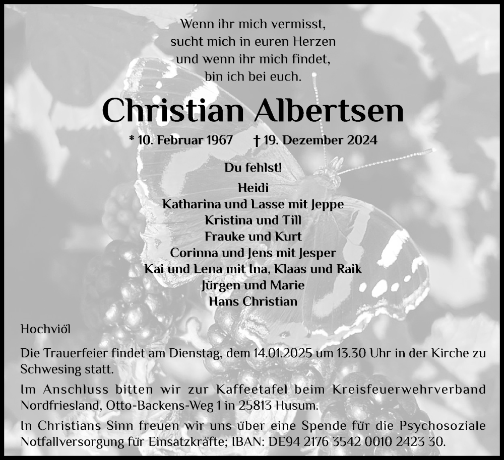  Traueranzeige für Christian Albertsen vom 28.12.2024 aus Region Flensburg