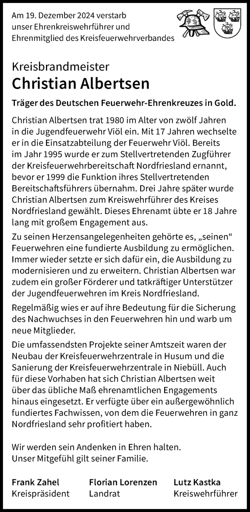  Traueranzeige für Christian Albertsen vom 04.01.2025 aus Region Westküste