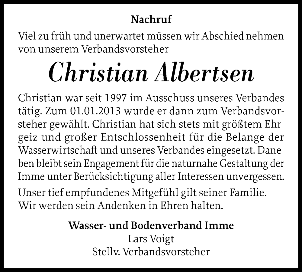 Traueranzeige für Christian Albertsen vom 08.01.2025 aus Region Westküste
