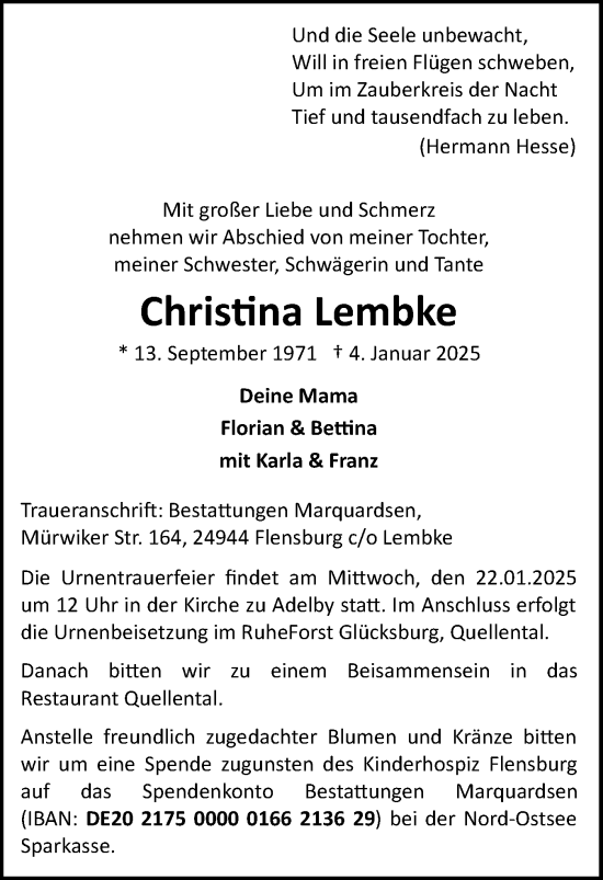 Traueranzeige von Christina Lembke von Flensburger Tageblatt