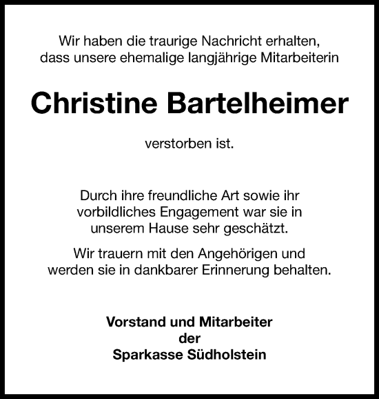 Traueranzeige von Christine Bartelheimer von Holsteinischer Courier