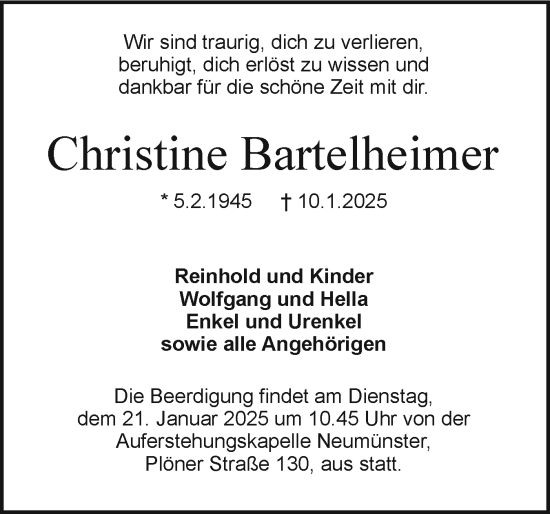 Traueranzeige von Christine Bartelheimer von Holsteinischer Courier