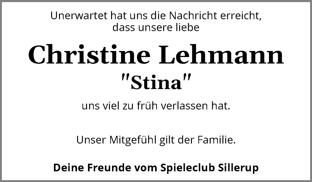  Traueranzeige für Christine Lehmann vom 25.01.2025 aus Flensburger Tageblatt