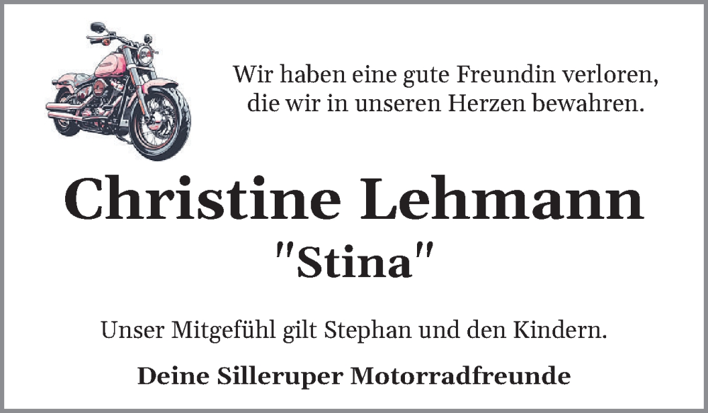  Traueranzeige für Christine Lehmann vom 25.01.2025 aus Flensburger Tageblatt