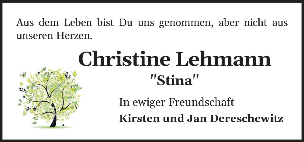  Traueranzeige für Christine Lehmann vom 25.01.2025 aus Flensburger Tageblatt