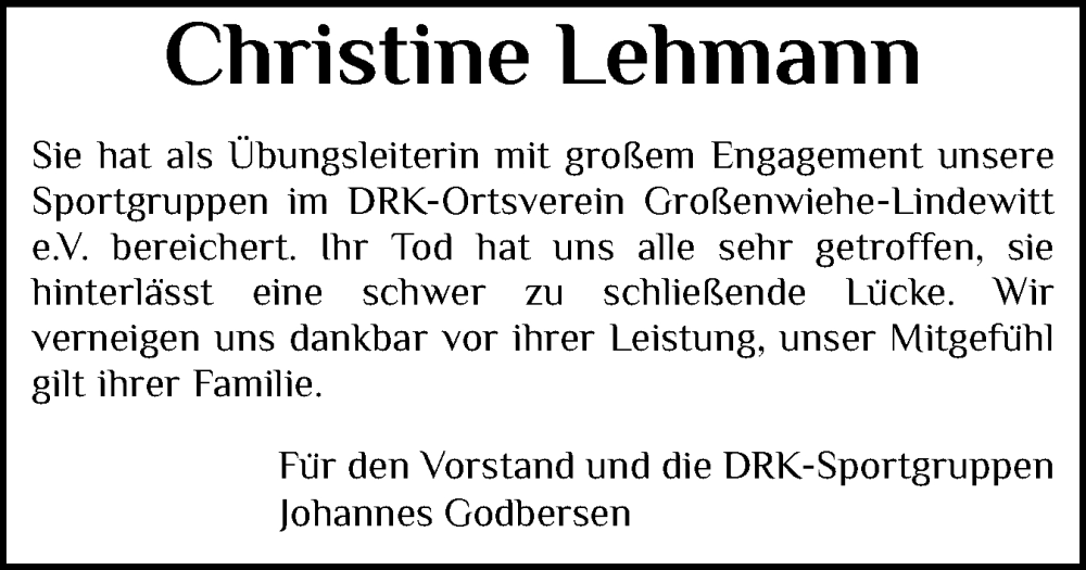  Traueranzeige für Christine Lehmann vom 29.01.2025 aus Flensburger Tageblatt