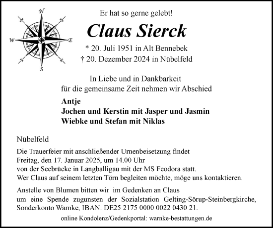 Traueranzeige von Claus Sierck von Flensburger Tageblatt