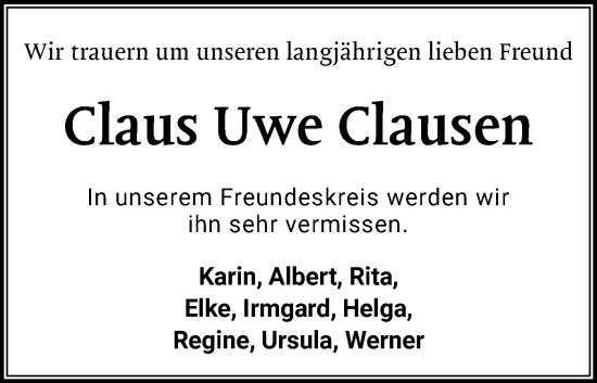 Traueranzeige von Claus Uwe Clausen von Holsteinischer Courier