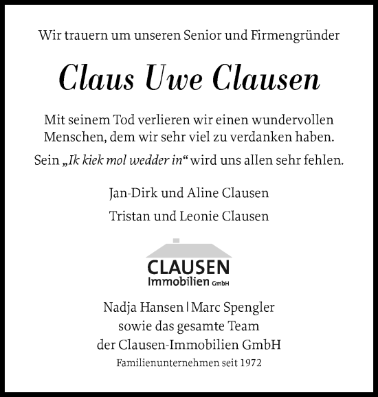 Traueranzeige von Claus Uwe Clausen von Holsteinischer Courier