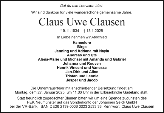 Traueranzeige von Claus Uwe Clausen von Holsteinischer Courier