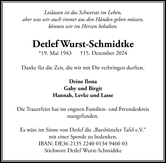 Traueranzeige von Detlef Wurst-Schmidtke von MARKT Ahrensburg/Bargteheide/Trittau und Stormarner Tageblatt