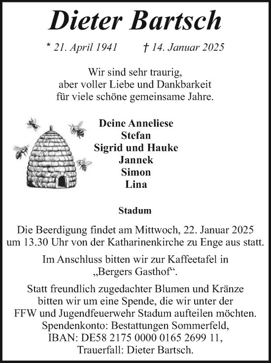 Traueranzeige von Dieter Bartsch von Husumer Nachrichten, Nordfriesland Tageblatt