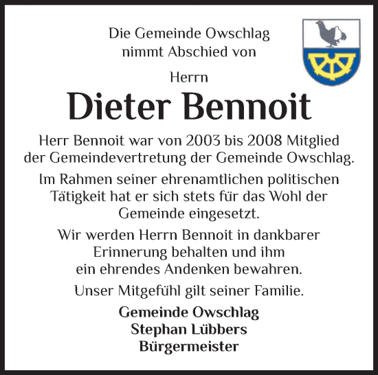 Traueranzeige von Dieter Bennoit von Schleswig-Holsteinische Landeszeitung