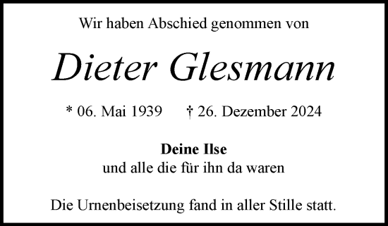 Traueranzeige von Dieter Glesmann von Schleswig-Holsteinische Landeszeitung