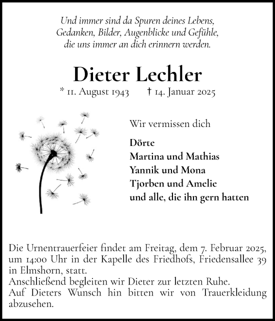 Traueranzeige von Dieter Lechler von Elmshorner Nachrichten, Barmstedter Zeitung