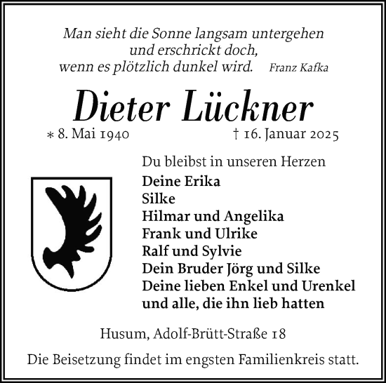 Traueranzeige von Dieter Lückner von Husumer Nachrichten, Nordfriesland Tageblatt