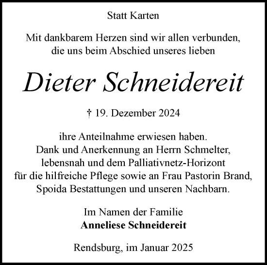 Traueranzeige von Dieter Schneidereit von Schleswig-Holsteinische Landeszeitung