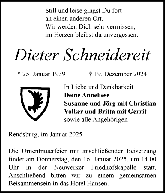 Traueranzeige von Dieter Schneidereit von Schleswig-Holsteinische Landeszeitung
