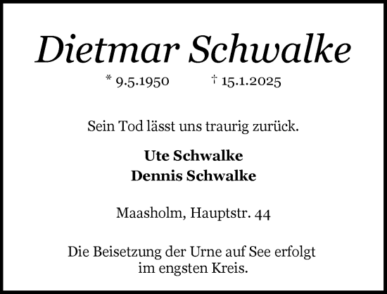 Traueranzeige von Dietmar Schwalke von Schleswiger Nachrichten, Schlei-Bote