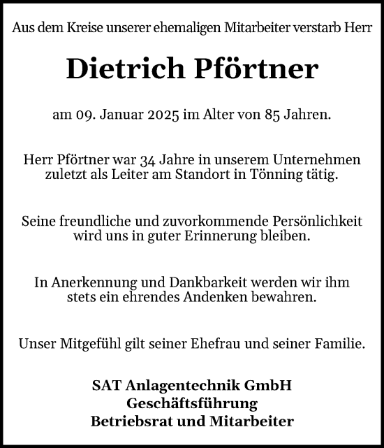 Traueranzeige von Dietrich Pförtner von Norddeutsche Rundschau, Wilstersche Zeitung, Glückstädter Fortuna