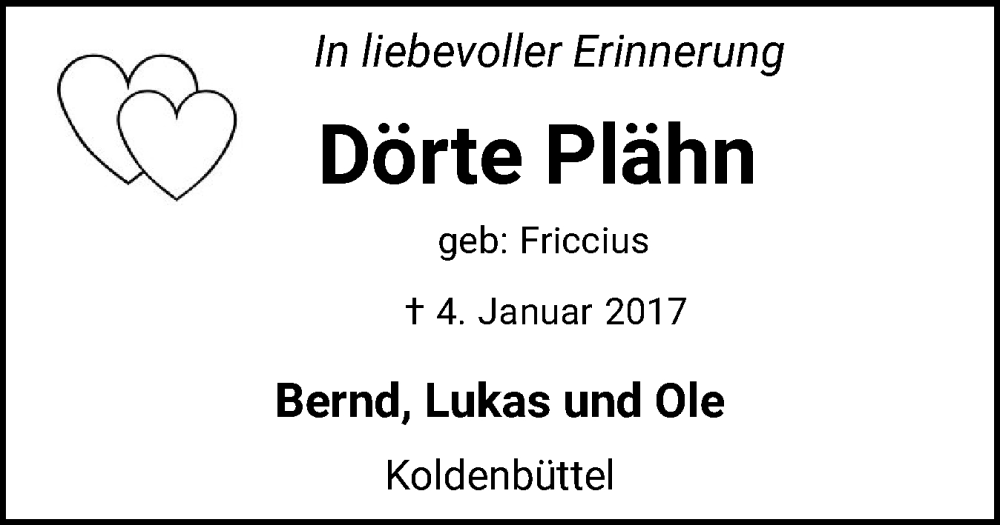  Traueranzeige für Dörte Plähn vom 04.01.2025 aus Husumer Nachrichten, Nordfriesland Tageblatt