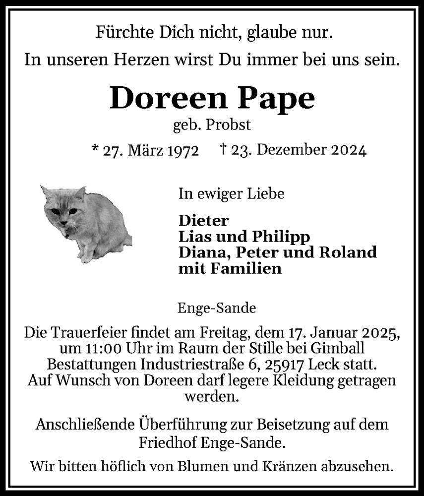  Traueranzeige für Doreen Pape vom 10.01.2025 aus Husumer Nachrichten, Nordfriesland Tageblatt