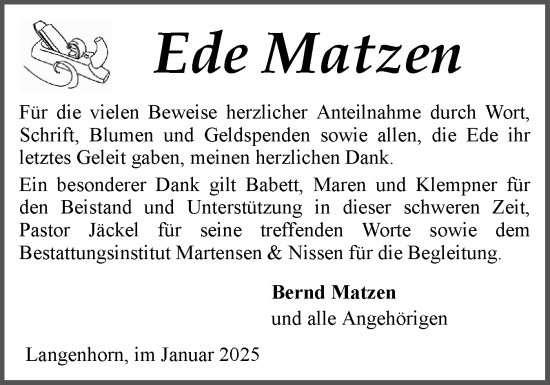 Traueranzeige von Ede Matzen von Husumer Nachrichten, Nordfriesland Tageblatt