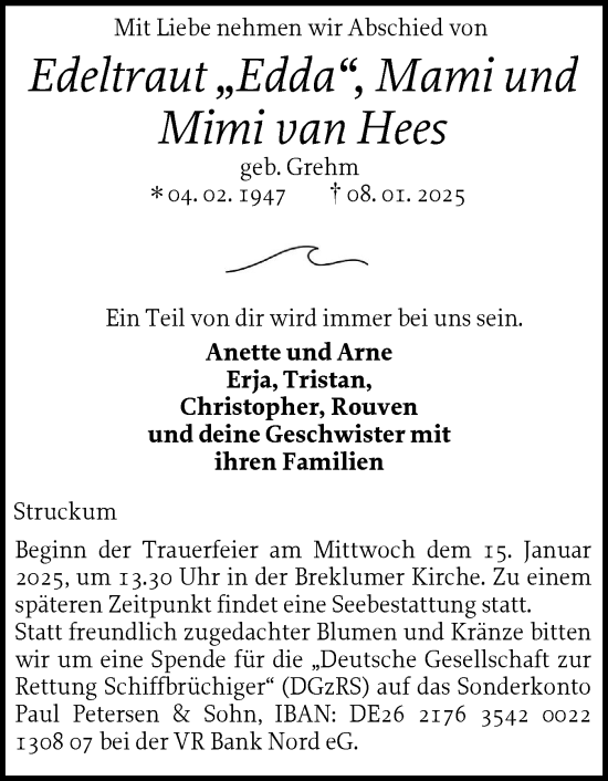 Traueranzeige von Edeltraut Mami und Mimi van Hees von Husumer Nachrichten, Nordfriesland Tageblatt