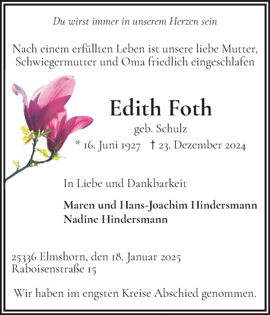 Traueranzeige von Edith Foth von Elmshorner Nachrichten, Barmstedter Zeitung