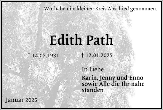 Traueranzeige von Edith Path von Ostholsteiner Anzeiger