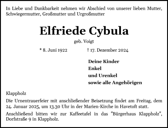 Traueranzeige von Elfriede Cybula von Schleswiger Nachrichten, Schlei-Bote