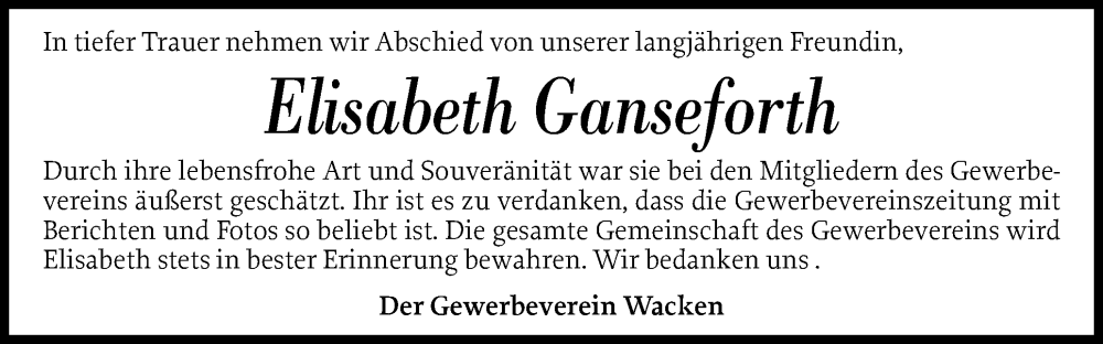  Traueranzeige für Elisabeth Ganseforth vom 18.01.2025 aus Norddeutsche Rundschau, Wilstersche Zeitung, Glückstädter Fortuna