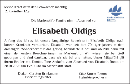 Traueranzeige von Elisabeth Oldigs von Husumer Nachrichten, Nordfriesland Tageblatt